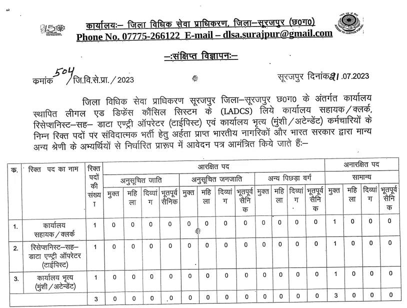 Jila Vidhik Seva Pradhikaran Surajpur Recruitment 2023 